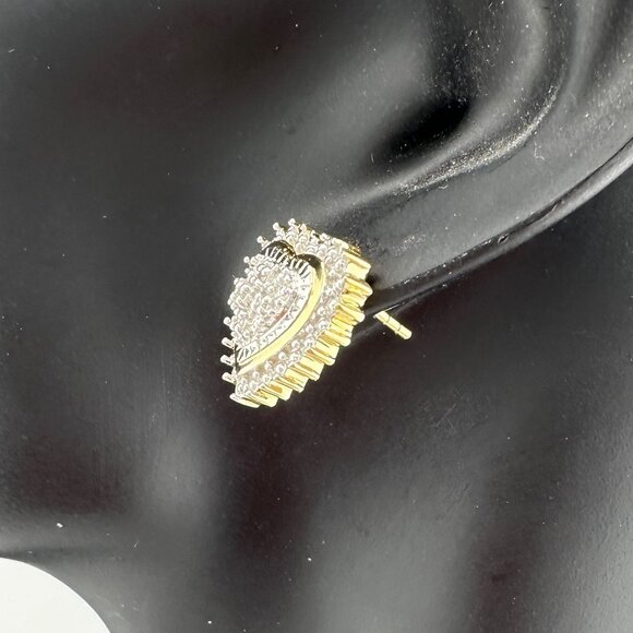 Two Tone Diamond Heart Stud Earrings in Sterling with 14 kt Gold Overlay - Picture 3 of 15